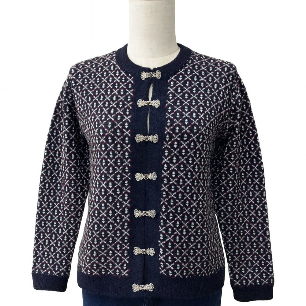 VTG L.L.Bean Norwegian Wool Cardigan Birdseye Knit Metal Clasps Slow Fashion Hyg